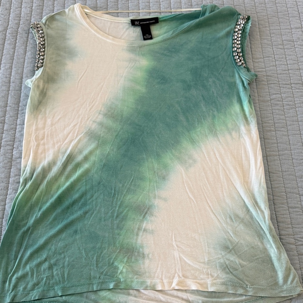 INC International Concepts Green Tie-Dye Embellished Shoulder Tee